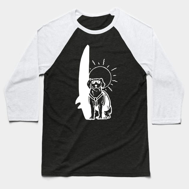 Surfing Dog White on Black Baseball T-Shirt by evergreen_brand